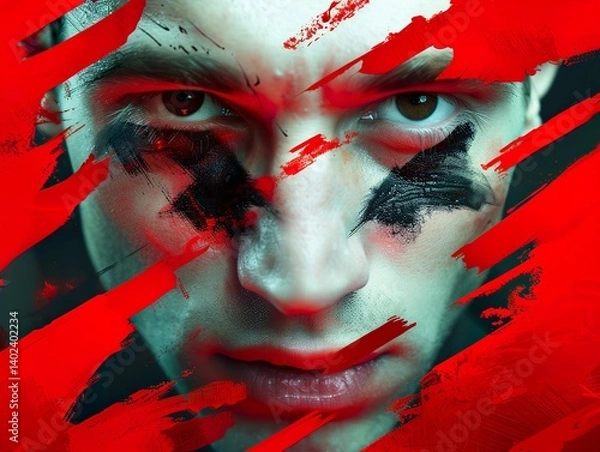 Fototapeta Intense portrait of a young male with striking red face paint and piercing eyes, exuding a fierce and captivating energy.