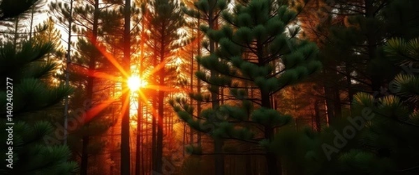 Obraz Sun-drenched pine forest at sunset, warm orange light filtering through the trees, light, woods, beautiful