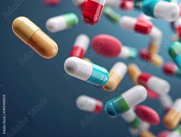 Obraz A vibrant array of colorful capsules suspended in mid-air against a dark blue background, creating a dynamic and engaging visual.