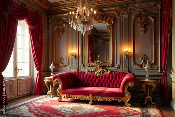 Obraz Opulent Living Room in Gold and Burgundy Representing Luxury with Copy Space