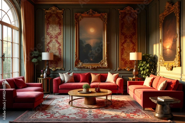 Fototapeta A sunlit living room, elegantly furnished in a traditional style. Crimson sofas and armchairs are arranged around a low coffee table, set upon an ornate rug. The walls are a deep green, adorned with 