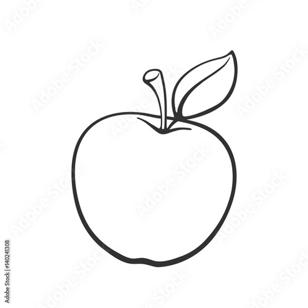 Fototapeta Ilustracji wektorowych. Ręcznie rysowane doodle jabłka z łodygi i liści. Zdrowe jedzenie wegetariańskie. Szkic kreskówki. Ozdoba na kartki okolicznościowe, plakaty, emblematy, tapety