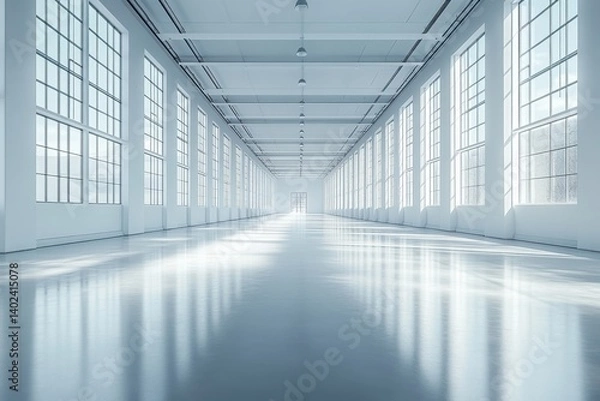 Fototapeta A vast, well-lit, and modern interior space with a concrete floor and large windows.