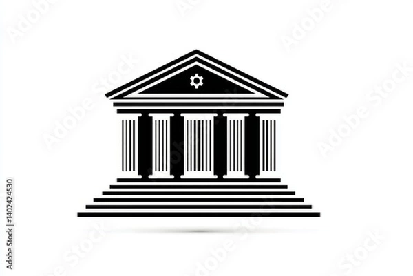 Fototapeta A minimal outline of a traditional bank building with columns and a triangular roof, isolated on a white background