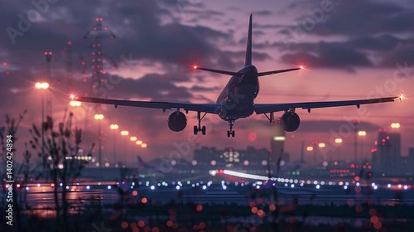 Fototapeta Airplane landing at dusk with city lights in background.