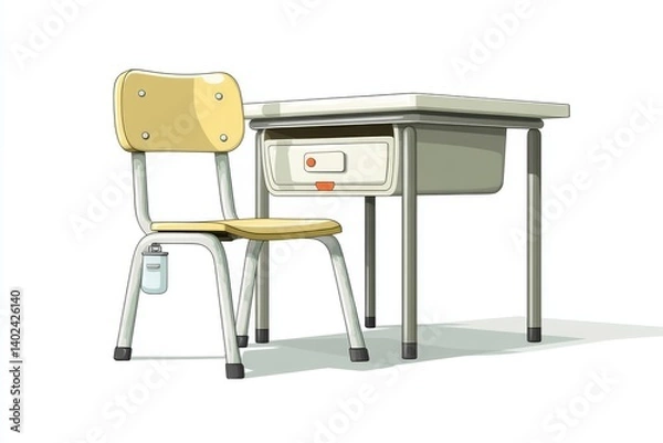 Fototapeta Cartoon a classroom chair and desk set, designed in a simple, minimalist style with clean lines and isolated on a white background.