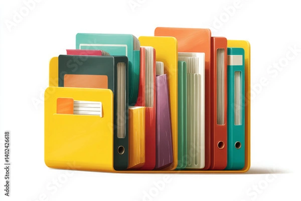 Obraz a file folder containing learning documents, symbolizing organization and education, designed in a minimalist style with clean lines and isolated on a white background.