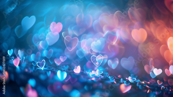 Fototapeta Colorful bokeh lights shaped like hearts in a dreamy atmosphere.