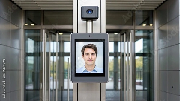 Fototapeta Cybersecurity risk management concept Facial recognition system at a modern entrance with a digital display of a man’s image.