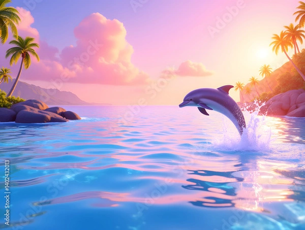 Fototapeta summer vacation dolphin jump summer seaside beautiful healing 3D illustration