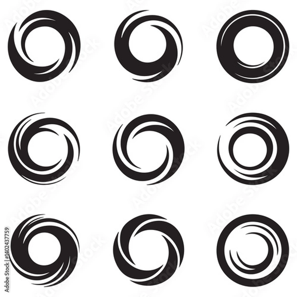 Fototapeta Spiral and swirl motion twisting circles design element set Vector Black silhouettes. with white background