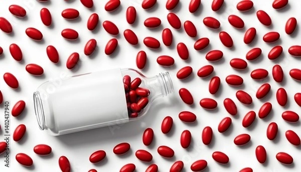Fototapeta Red Capsules Spilled from Bottle with Blank Label