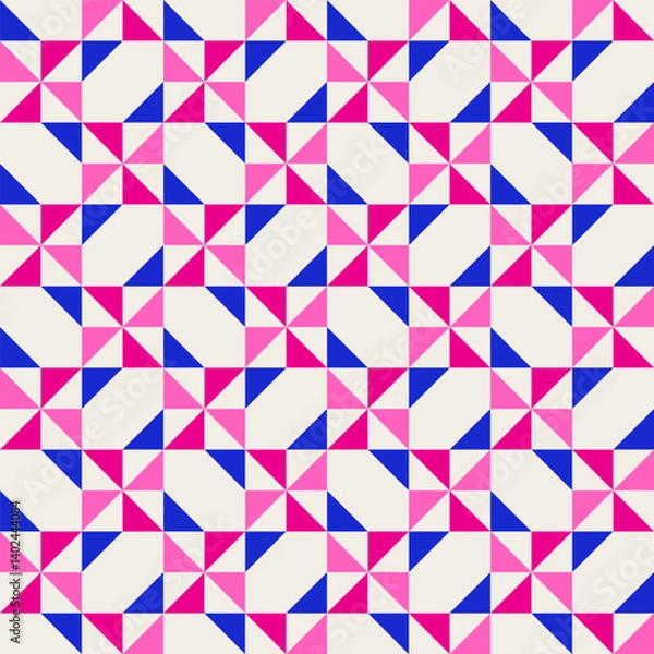 Obraz Bright bold vibrant abstract geometric quilt seamless vector pattern, color block. High contrast geometric colorful patchwork background. Pink fuchsia magenta and indigo cobalt blue color combination