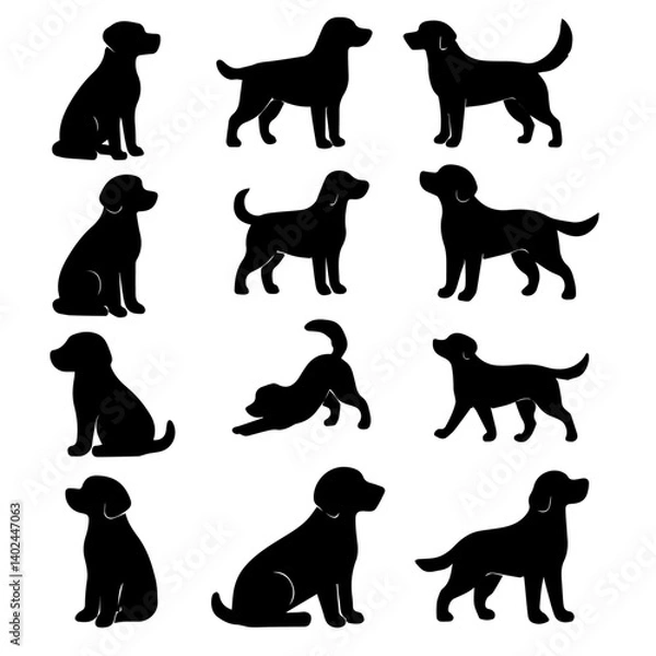 Fototapeta Silhouettes of various dog poses, showcasing different stances and activities. black silhouettes are set against white background, highlighting dogs playful and attentive nature