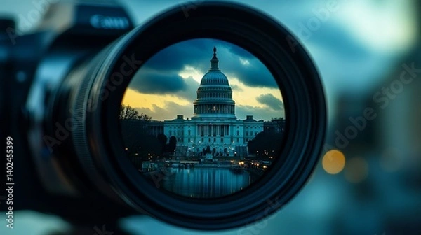 Fototapeta A stunning view of the U.S. Capitol building framed through a camera lens during twilight, showcasing its architectural beauty.