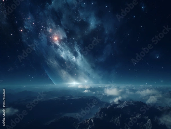 Fototapeta Multi-layered night sky view with stars and clouds, poetic lighting