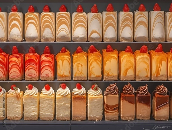 Fototapeta Dessert display, bakery, rows of cakes