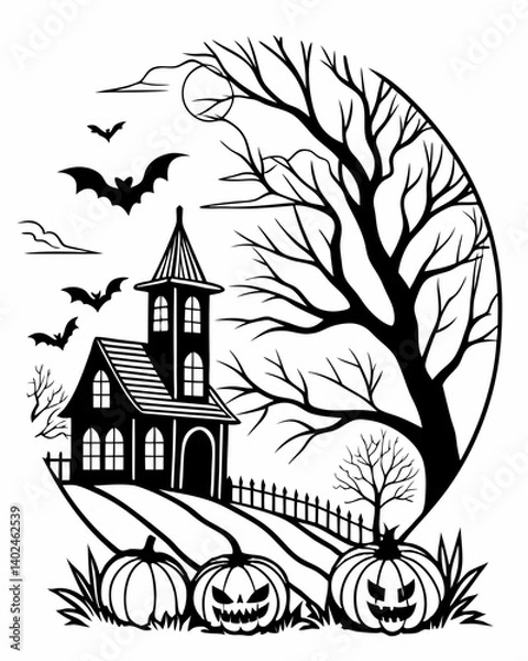 Fototapeta Gothic Haunted Castle Halloween Scene with Jack-o'-Lanterns and Bats – Black and White Line Art Illustration.