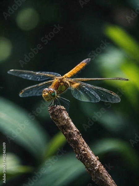 Fototapeta photo of a perfect form of a yellow dragonfly with perfect wings and legs against a tropical forest background