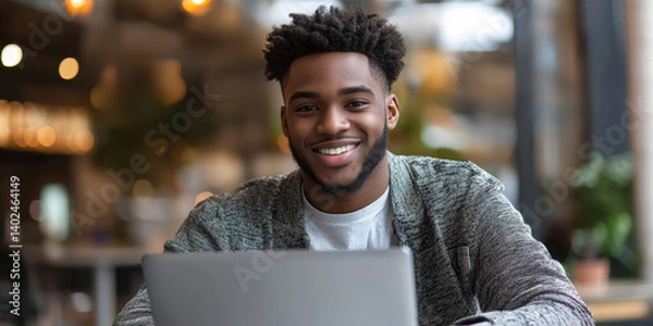 Fototapeta Young man using laptop and smiling, Generative AI
