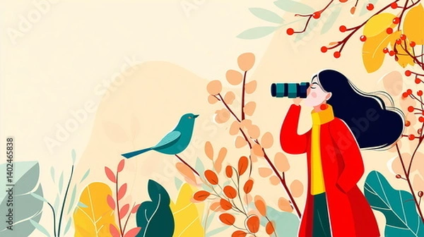 Fototapeta Autumn birdwatcher, copy space text. A girl is taking photos in the forest, bird watching, flat illustration, vector graphics, bright colors, autumn season. 