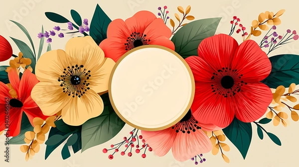 Fototapeta Vector flat illustration of flowers with a blank label for text, background color beige, colorful flowers in red and yellow. Invitation card, greeting or banner. 