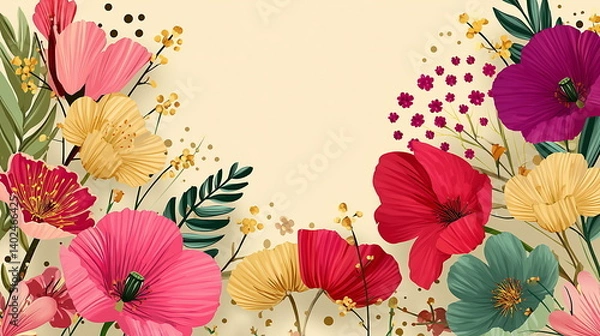 Fototapeta Vector illustration of colorful flowers and leaves on a beige background. With copy space in the middle Invitation card, greeting or banner for social media. 