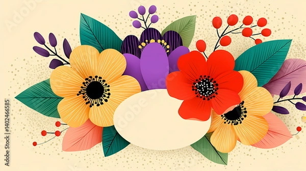Fototapeta Abstract, colorful flowers with leaves and berries on a beige background. With copy space in the middle. Invitation card, greeting or banner for social media.