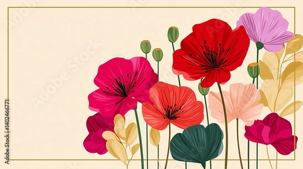 Fototapeta Vector illustration of poppy flowers in red, pink, and green colors on a beige background with a golden frame. Modern floral design for a greeting, wedding card, poster, or banner. Copy space. 
