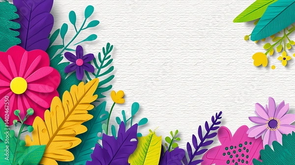 Fototapeta Colorful paper cutout of colorful flowers and leaves border on a white background, with colorful flowers and green leaves, in a paper-cut style. Copy space text. Invitation, greeting, banner or poster
