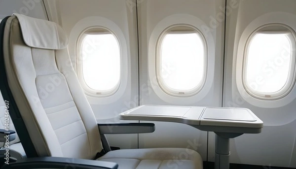 Fototapeta Airplane Seat with Tray Table and Windows
