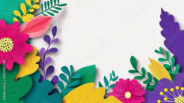 Fototapeta Colorful paper-cut flowers and leaves frame a white background, in a vector illustration with a flat design. Copy space text. Invitation, greeting.