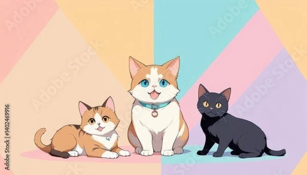 Fototapeta Three cartoon cats sit against a multicolored background.