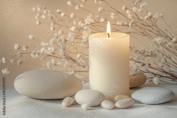 Fototapeta A calming scene with a lit candle, smooth stones, and dried flowers on a beige background, suggesting relaxation.