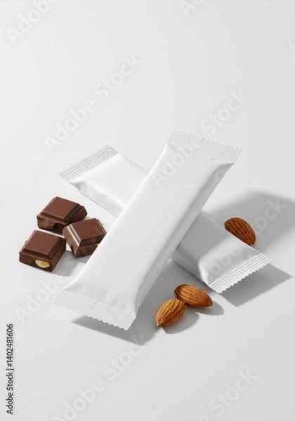 Fototapeta Dark chocolate and almonds on white platforms minimal food presentation