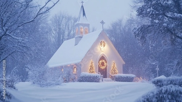Fototapeta A charming church covered in snow, radiating a peaceful and festive winter atmosphere