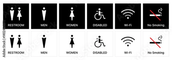 Fototapeta Public Restroom & Facility Sign Icons – Line Style. Toilet, No-smoking, Wi-Fi, Disabled Symbols.