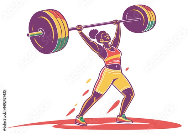 Obraz Illustration of a strong fitness girl lifting a heavy barbell, in full color on a white background.
