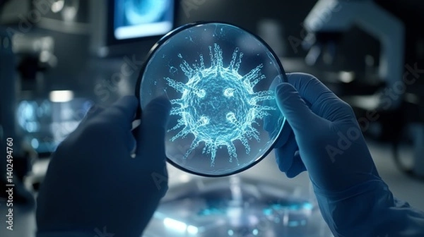 Fototapeta Scientist analyzing a digital representation of a virus in a lab setting.