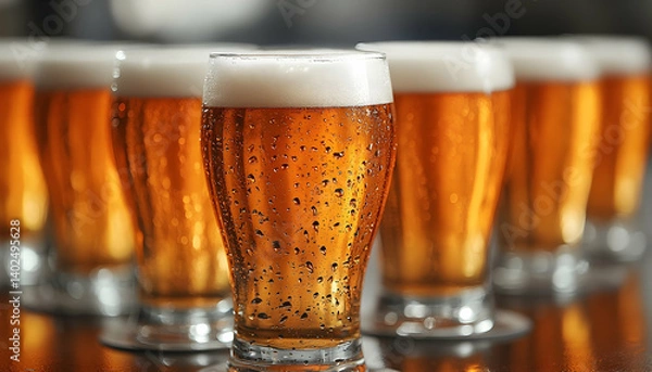 Fototapeta A close-up view of several frosty glasses of beer with bubbles, set on a wooden bar counter, creating a festive atmosphere