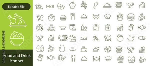 Fototapeta Food and Drinks Line Icons. Editable Stroke. Pixel Perfect. For Mobile and Web. Contains such icons as Bread, Wine, Hamburger, Milk, Carrot, Fruit, Vegetable.