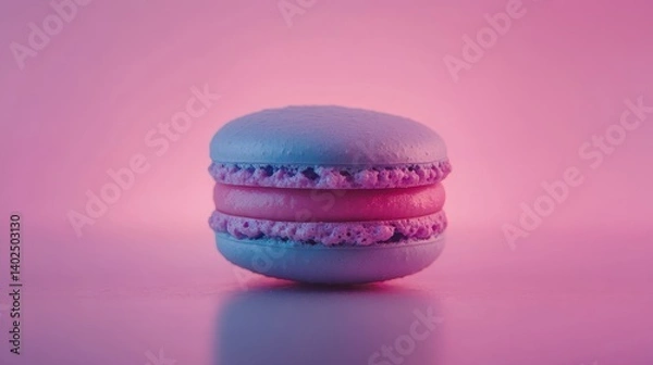 Fototapeta Beautiful blue macaron with creamy filling on a shiny surface surrounded by pink backdrop