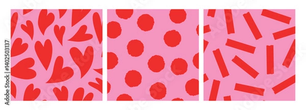 Fototapeta Set of seamless pattern with simple geometric in pink and red colors. Stylish background for print, design, fabric. Vector illustration