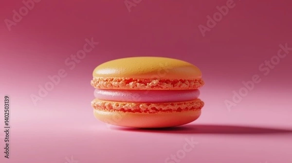 Fototapeta Beautiful blue macaron with creamy filling on a shiny surface surrounded by pink backdrop