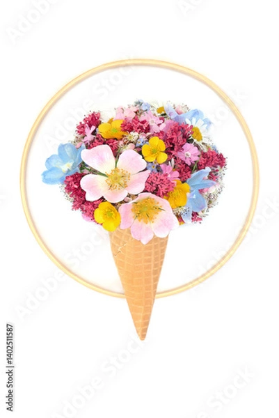 Fototapeta Whimsical ice cream of summer flower and blossom on white background on wooden frame. Surreal abstract edible food fun design for logo or greeting card.
