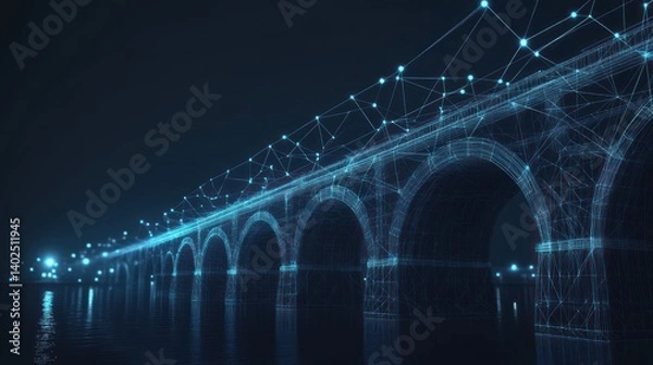 Fototapeta Digital Bridge Network, Night Scene, Cityscape, Data Connection