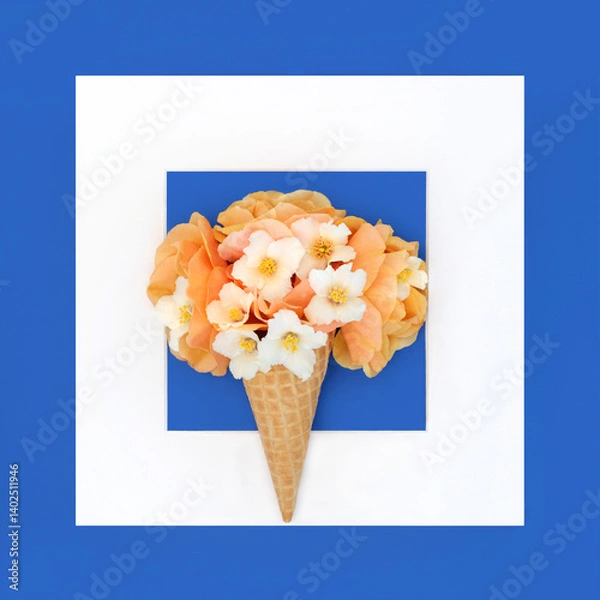 Fototapeta Summer flowers surreal ice cream cornet border design on blue background, white frame. Rose flower, orange blossom whimsical abstract fun food floral design for greeting card.