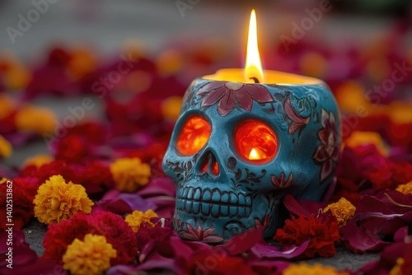 Fototapeta A beautifully crafted blue skull-shaped candle, lit and casting an orange flame in the center of marigolds spread out on the ground,