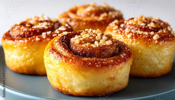 Obraz Four golden-brown cinnamon rolls with crunchy topping on a plate