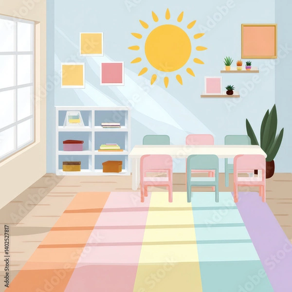 Fototapeta A colorful room with a sun on the wall and a rug with rainbow stripes